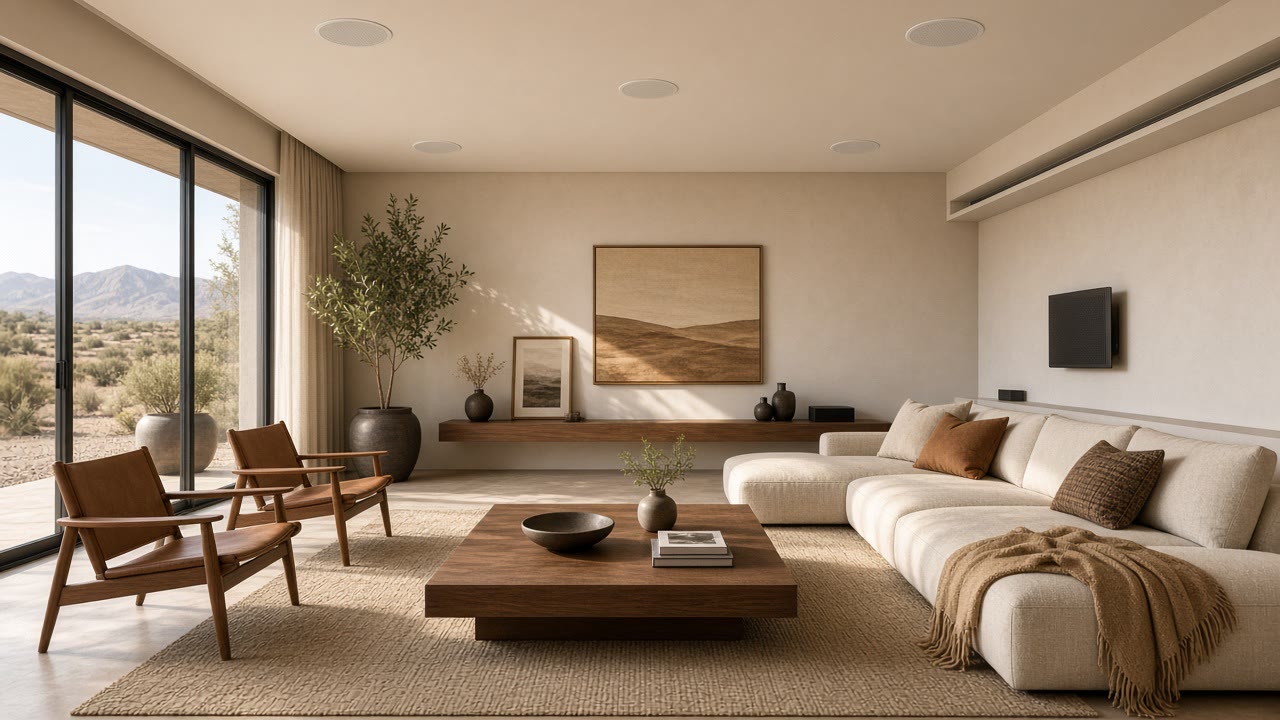 Living room with in-ceiling speakers installed