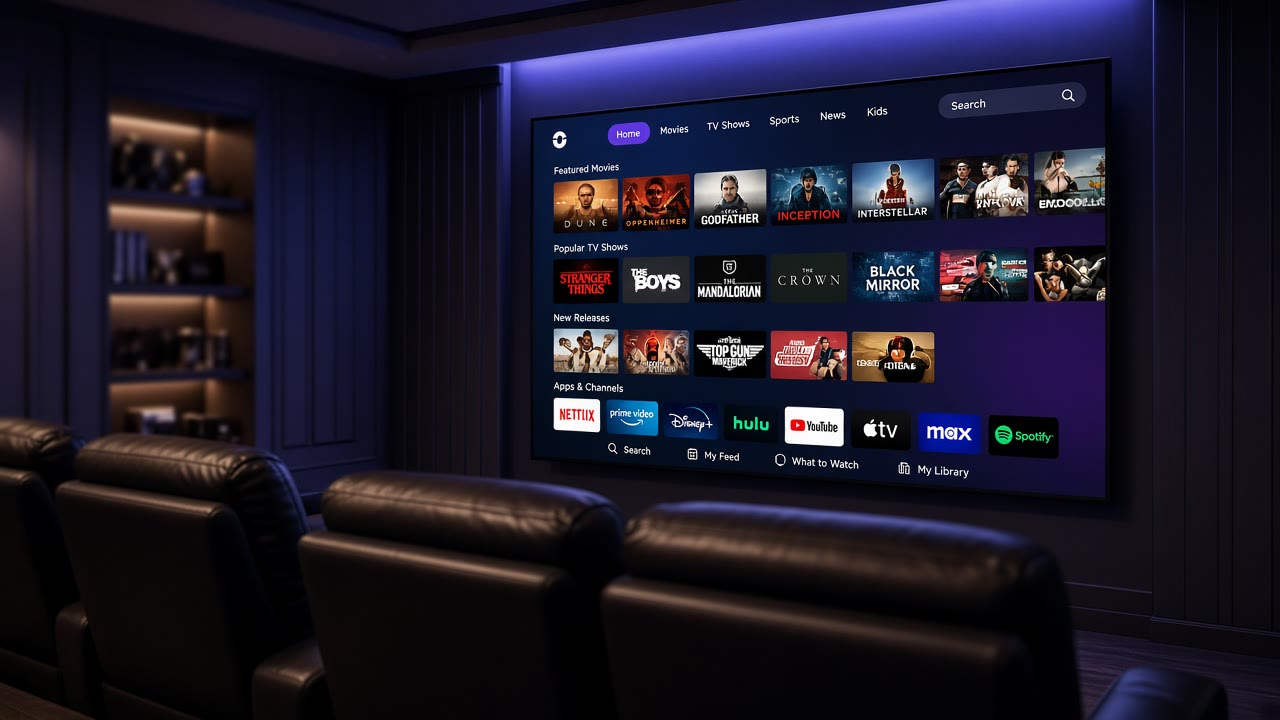 Large theater screen showing a streaming home interface