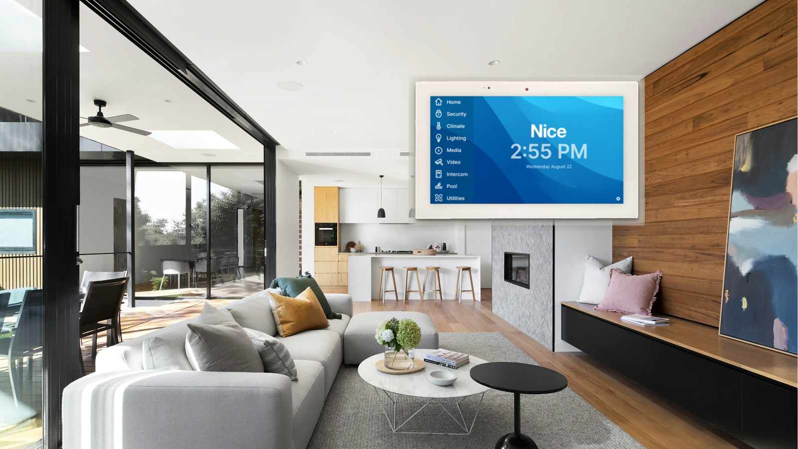 Nice ITP2 (EL-ITP2-12 white) wall touch panel mounted in a desert-modern living room
