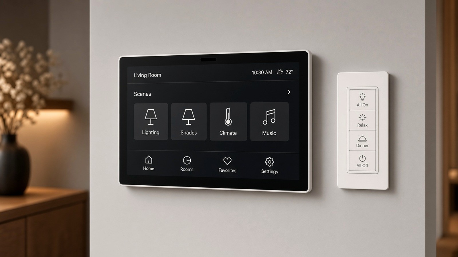 Wall-mounted smart home touch panel above a four-button hybrid keypad on the same wall