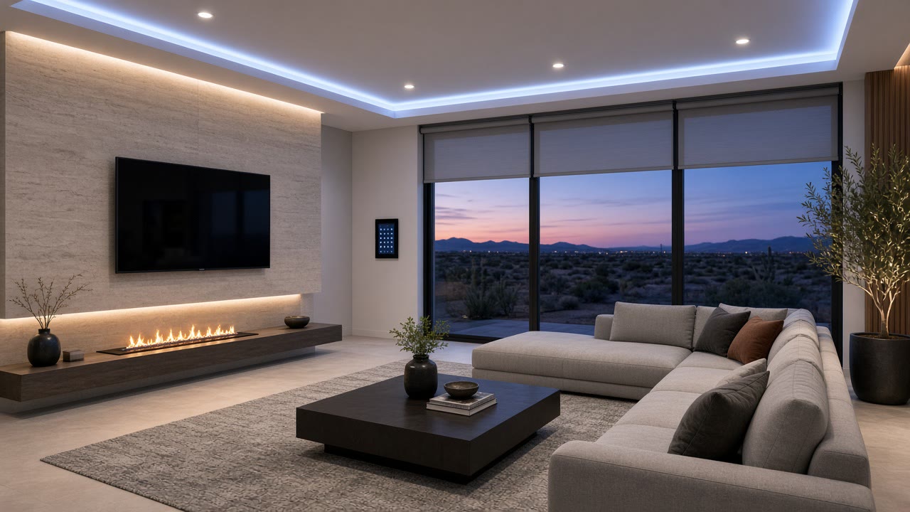 Cool LED cove lighting with motorized shades and lighting control