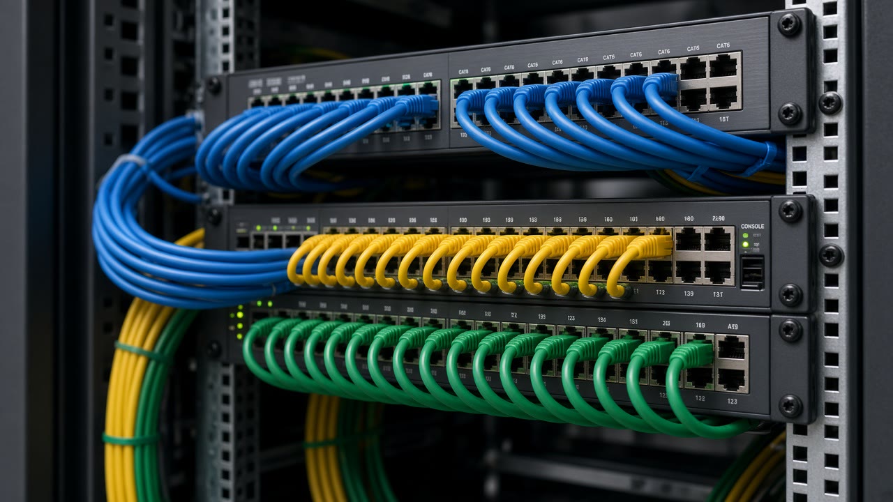 Network switches with Cat6 jumpers in a clean rack