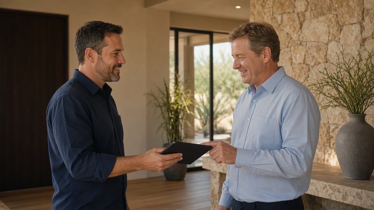 Technician handing a control tablet to a homeowner