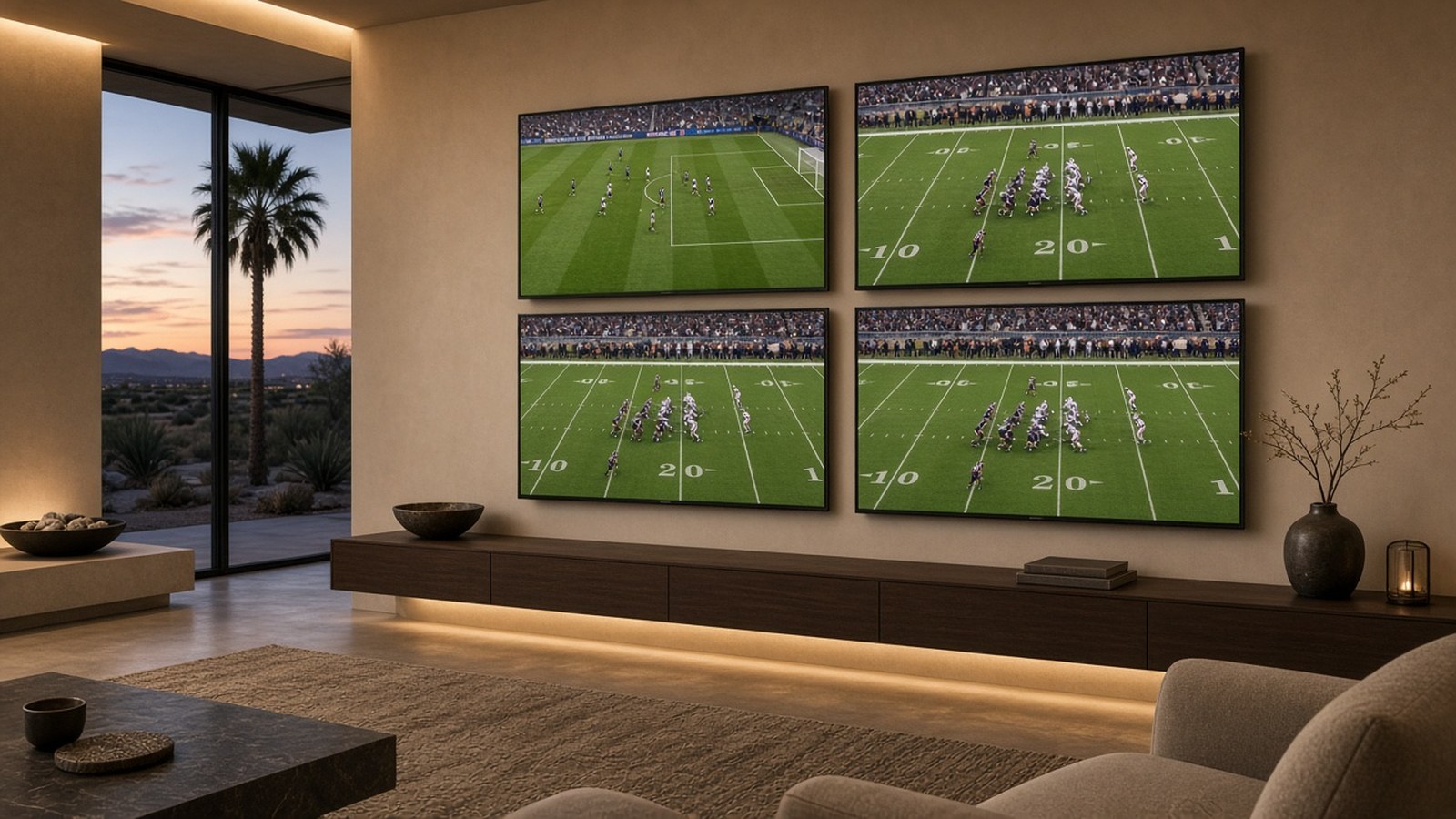 Four wall displays — soccer on one, football on another, and two screens sharing the same game — video matrixing