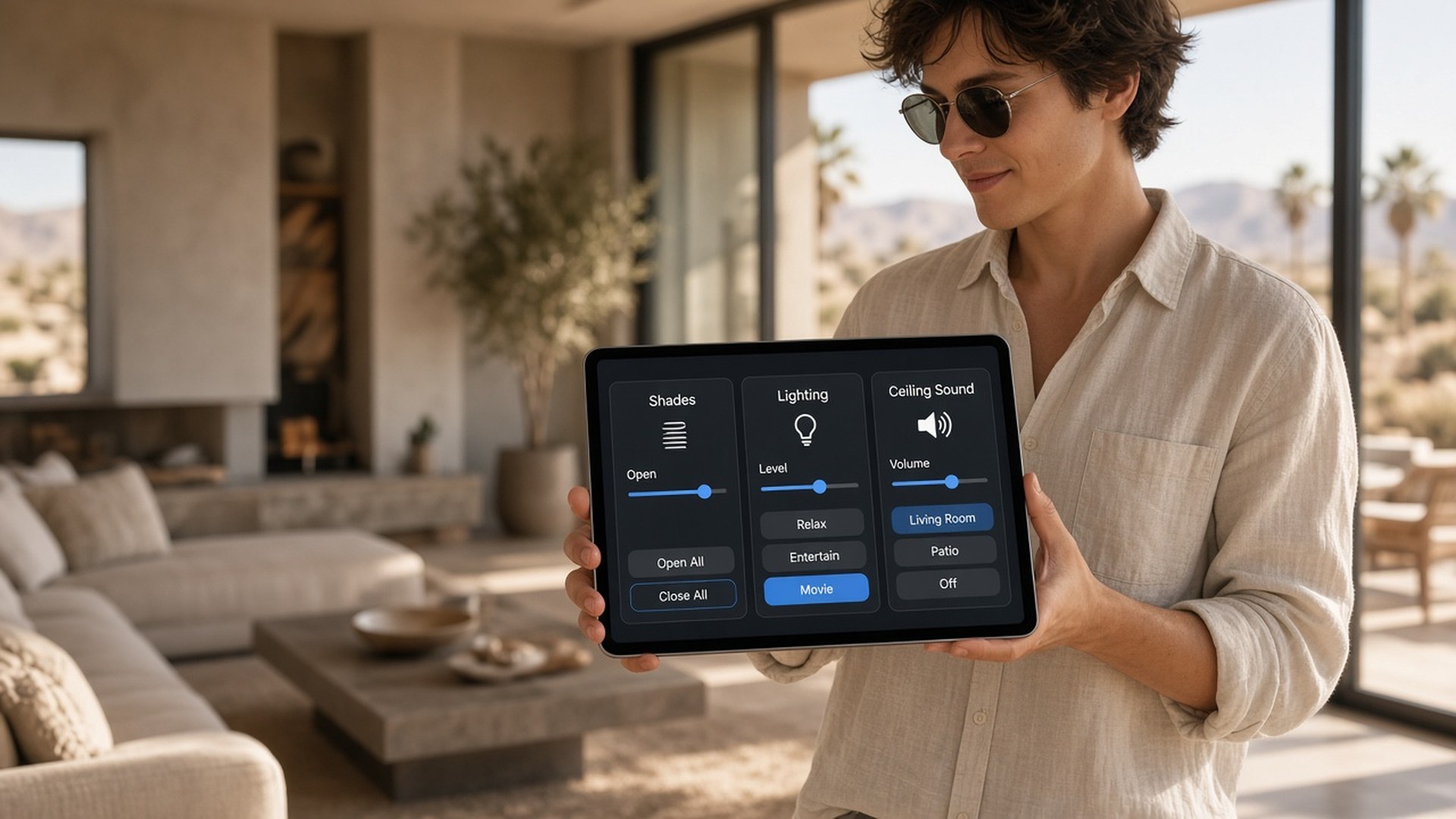 Person holding a tablet showing home Control for shades, lighting, and ceiling sound